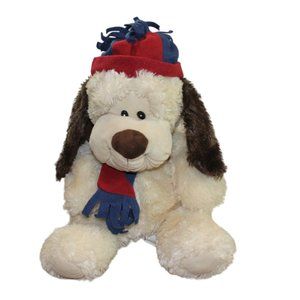 Chrisha Playful Plush Dog Winter Holiday Hat Scarf Stuffed Ivory Brown Toy 22"